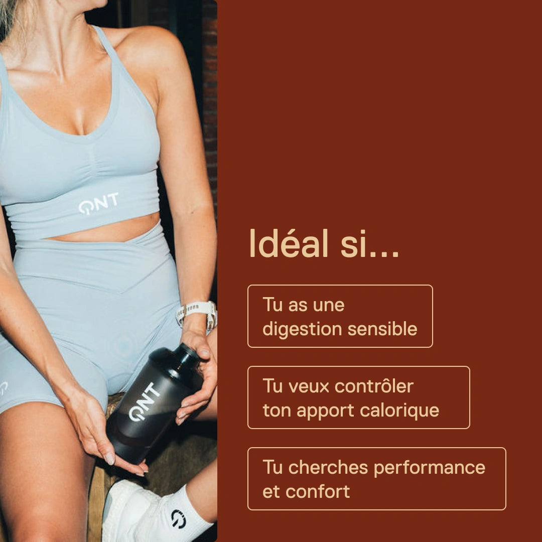 Light Digest Whey QNT Chocolat noisette – idéale si tu as une digestion sensible, si tu veux contrôler ton apport calorique ou si tu cherches performance et confort
