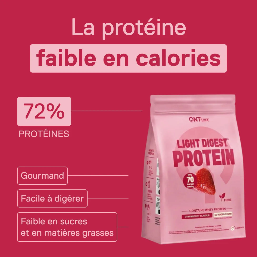 Light Digest Whey Protéine QNT saveur Fraise – la protéine faible en calories : 72 % de protéines, facile à digérer, faible en sucres et en matières grasses