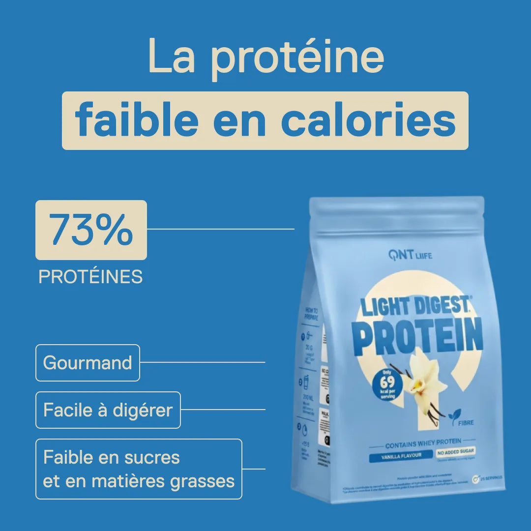 Light Digest Whey Protéine QNT saveur Vanille – la protéine faible en calories : 73 % de protéines, facile à digérer, faible en sucres et en matières grasses