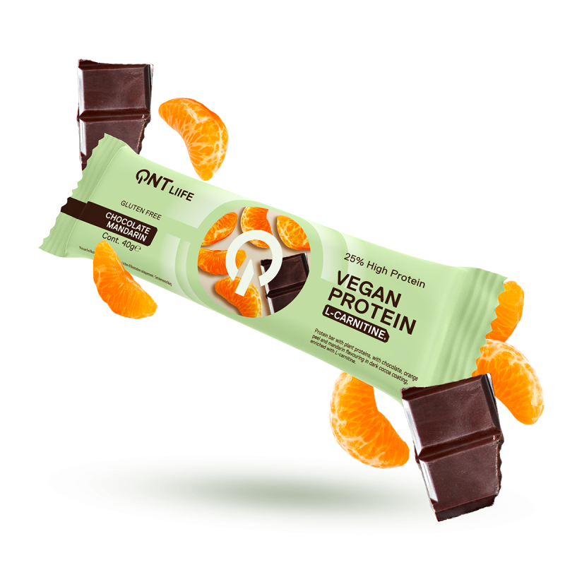 Veganistische eiwitreep met L-carnitine | 28 x 40 g Chocolade mandarijn Veganistische eiwitreep met L-carnitine | 28 x 40 g Chocolade mandarijn