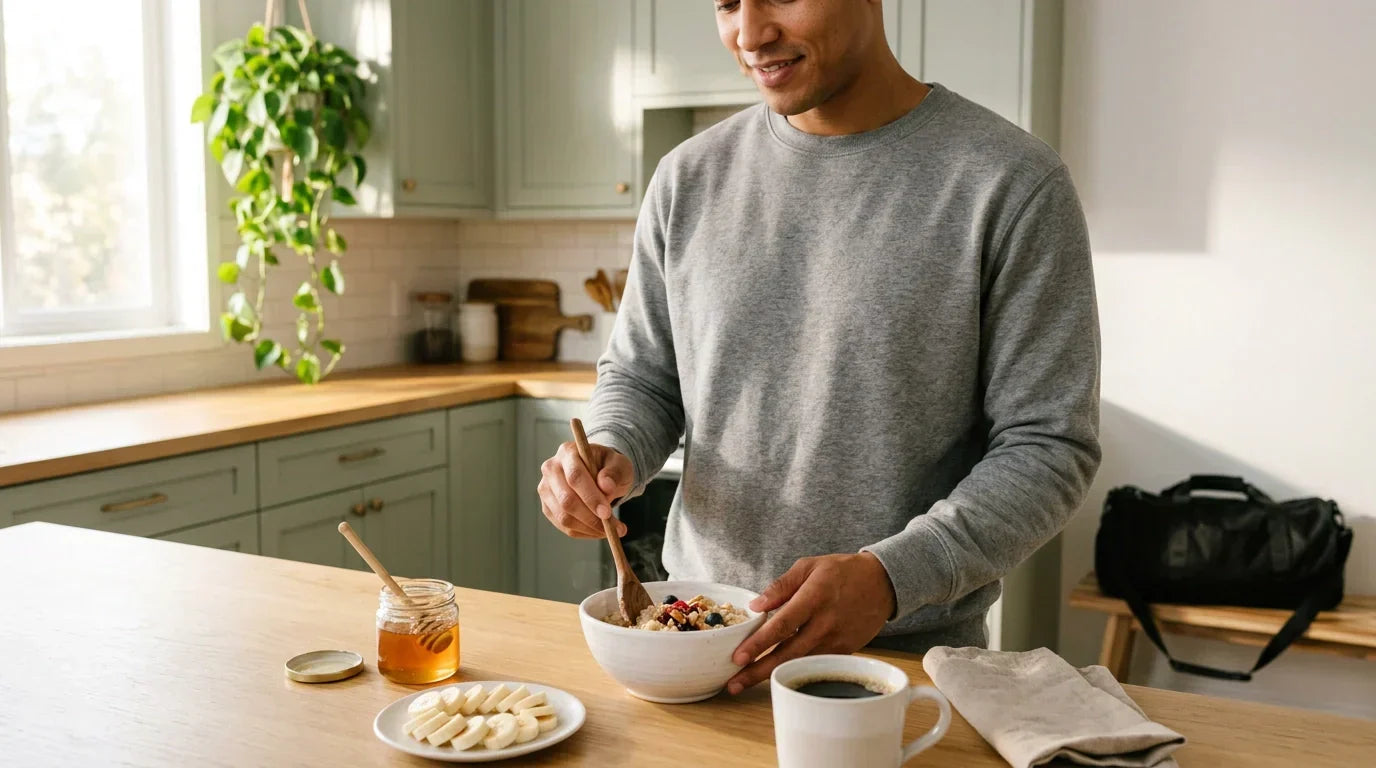 Sportif prépare son repas pre-workout dans la cuisine : flocons d'avoine, banane, miel et café noir | QNT Sport