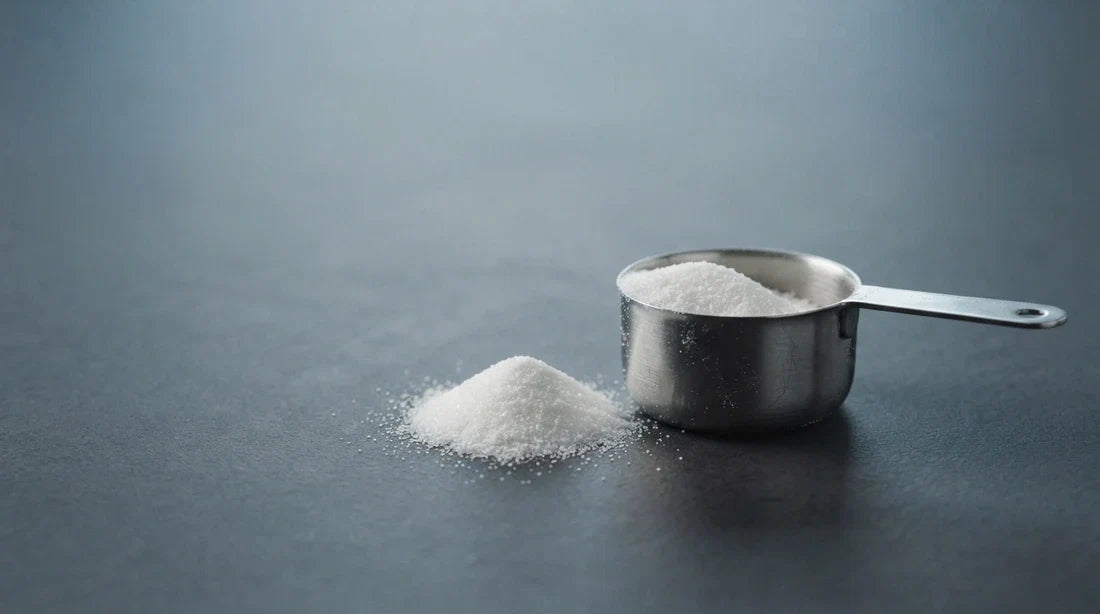 Poudre de glutamine en complément alimentaire avec une dosette, illustrant la supplémentation en glutamine pour la récupération musculaire et la performance sportive.