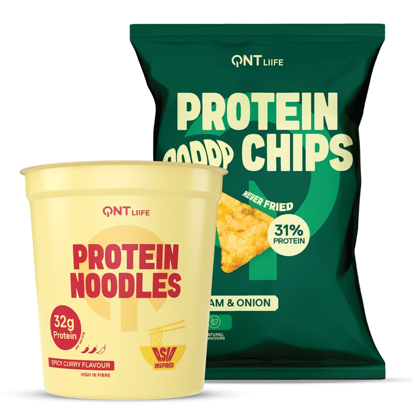 QNT Protein Noodles Spicy Curry and Protein Chips Sour Cream & Onion bundle