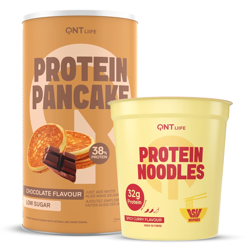 QNT Protein Noodles Spicy Curry and Protein Pancake Chocolate bundle