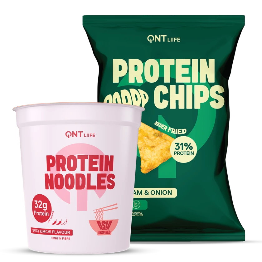 QNT Protein Noodles Spicy Kimchi and Protein Chips Sour Cream & Onion bundle