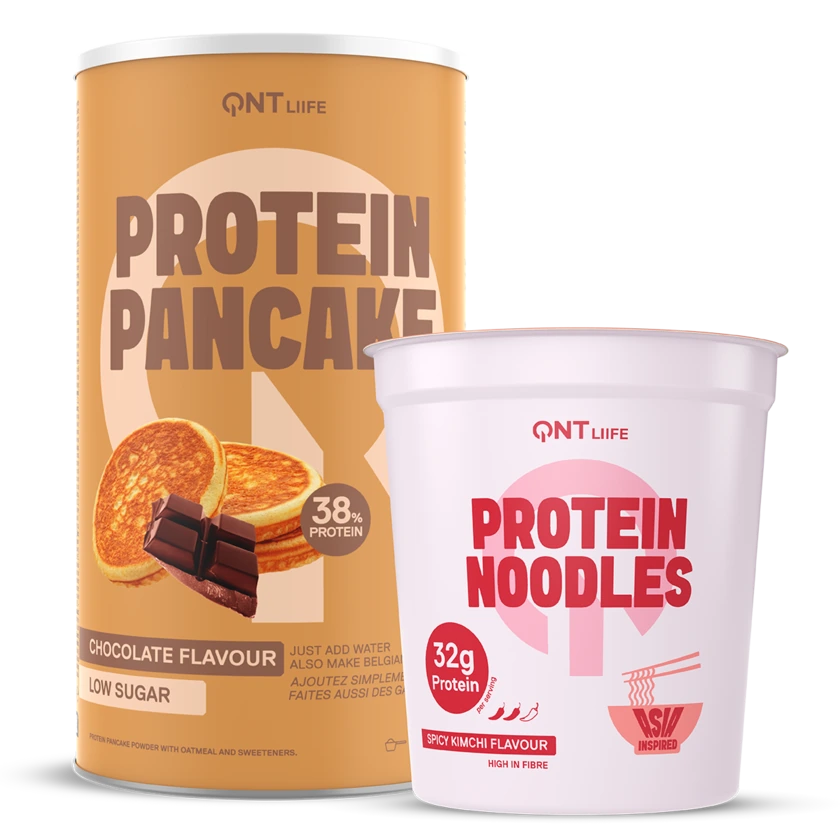 QNT Protein Noodles Spicy Kimchi and Protein Pancake Chocolate bundle
