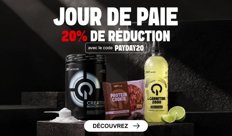 Bannière QNT « Jour de paie » avec 20 % de réduction sur la nutrition sportive
