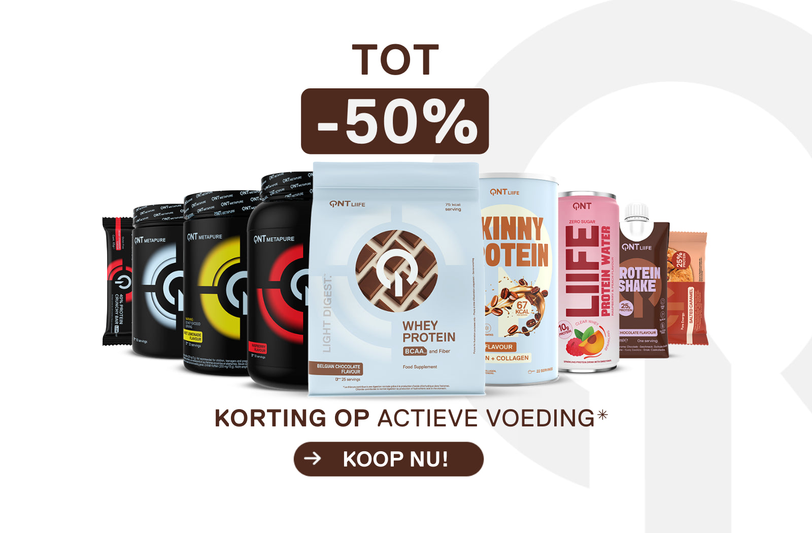 Selection of QNT sports nutrition products with up to 50% off, including whey protein, protein powders and protein drinks.