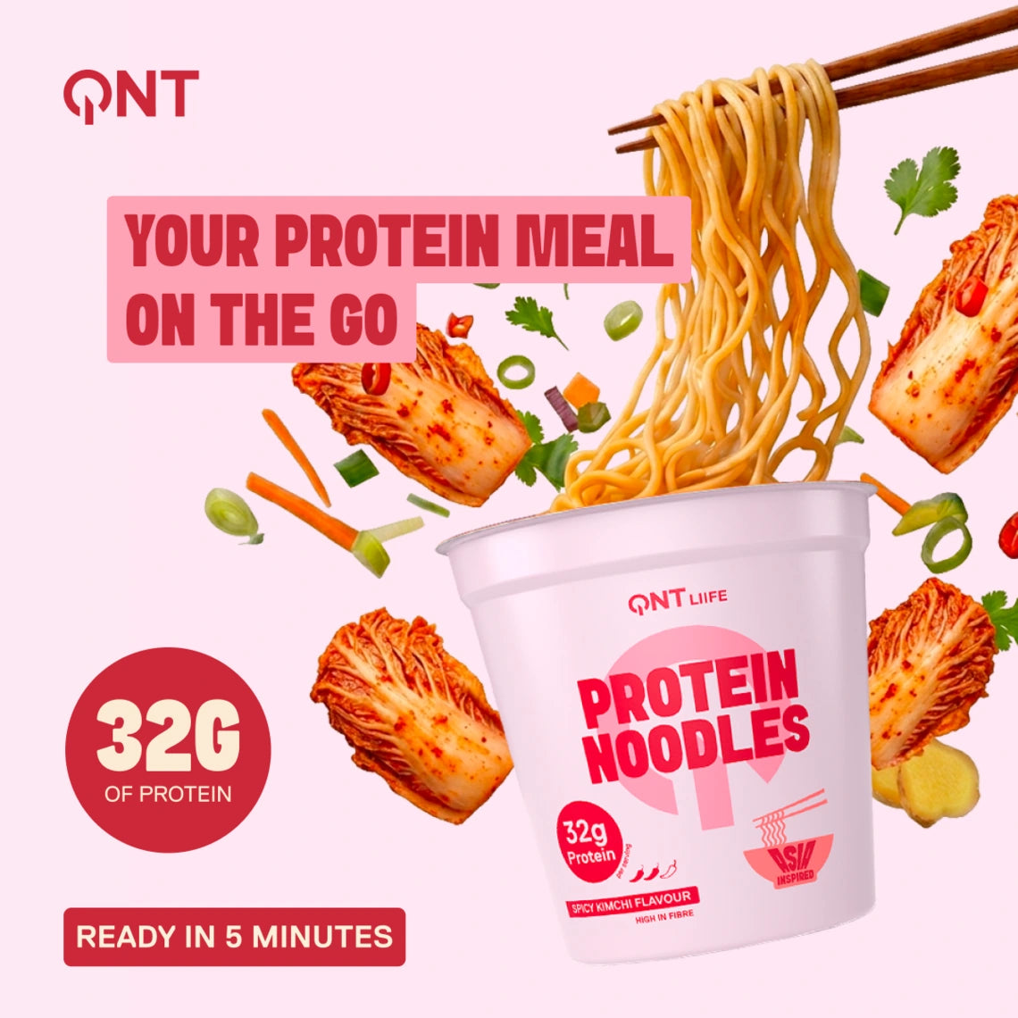 QNT LIIFE Protein Noodles Spicy Kimchi flavor - 32g protein per pot, Korean fermented and spicy meal, ready in 5 minutes