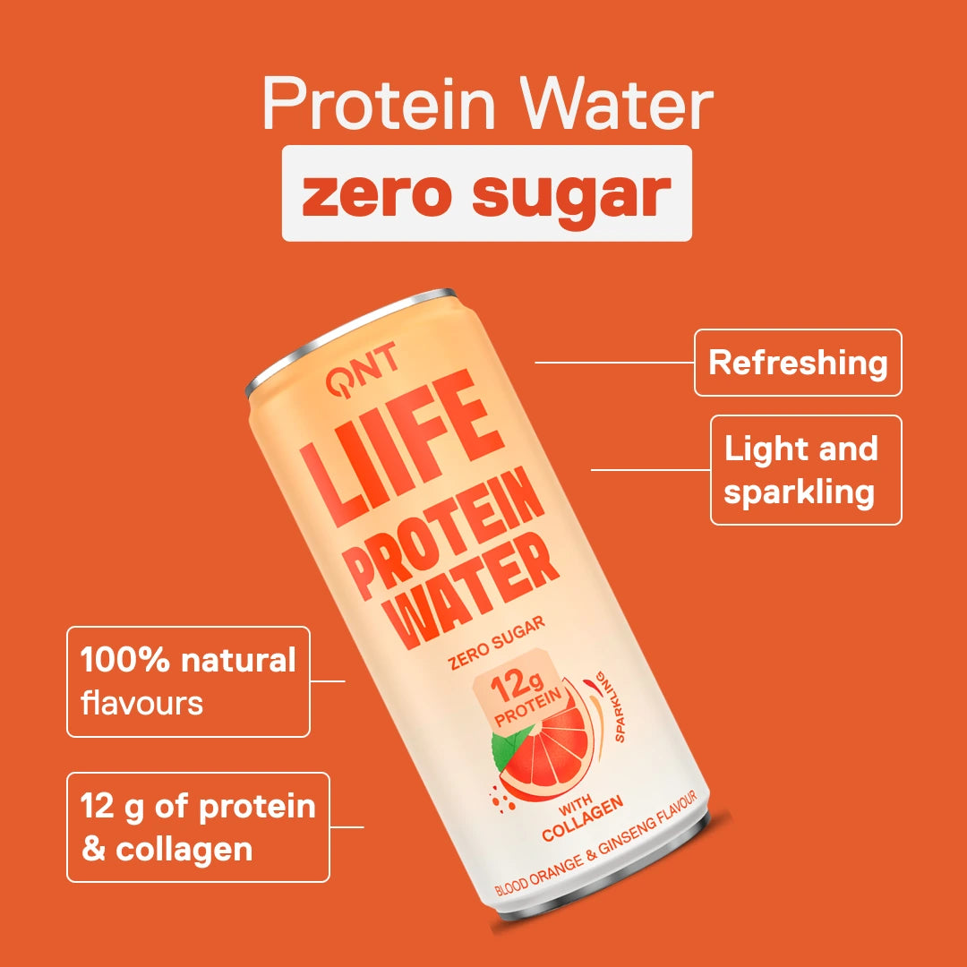 Sparkling sugar-free protein water QNT LIIFE Protein Water Blood Orange & Ginseng, 12 g protein and collagen per 330 ml can