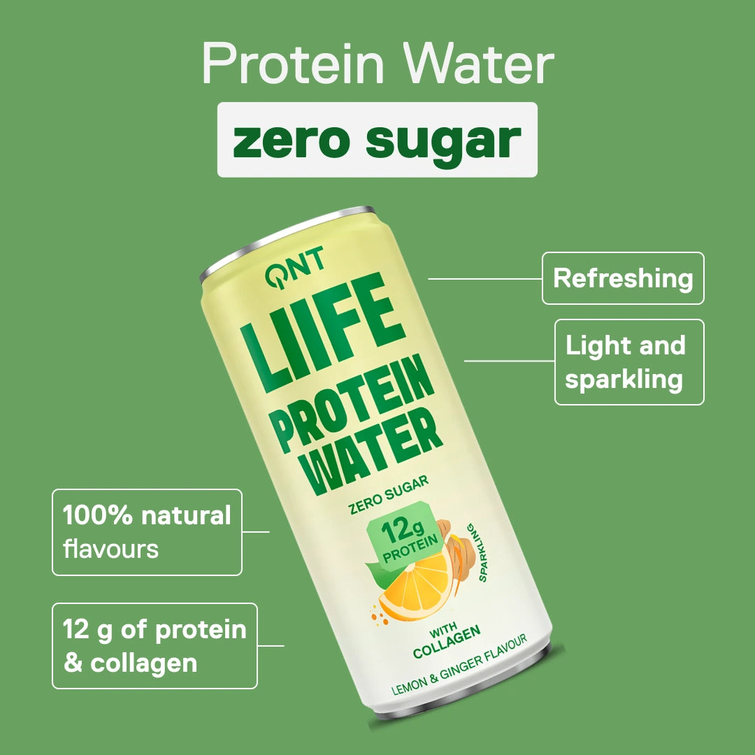 Sparkling sugar-free protein water QNT LIIFE Protein Water Lemon & Ginger, 12 g protein and collagen per 330 ml can