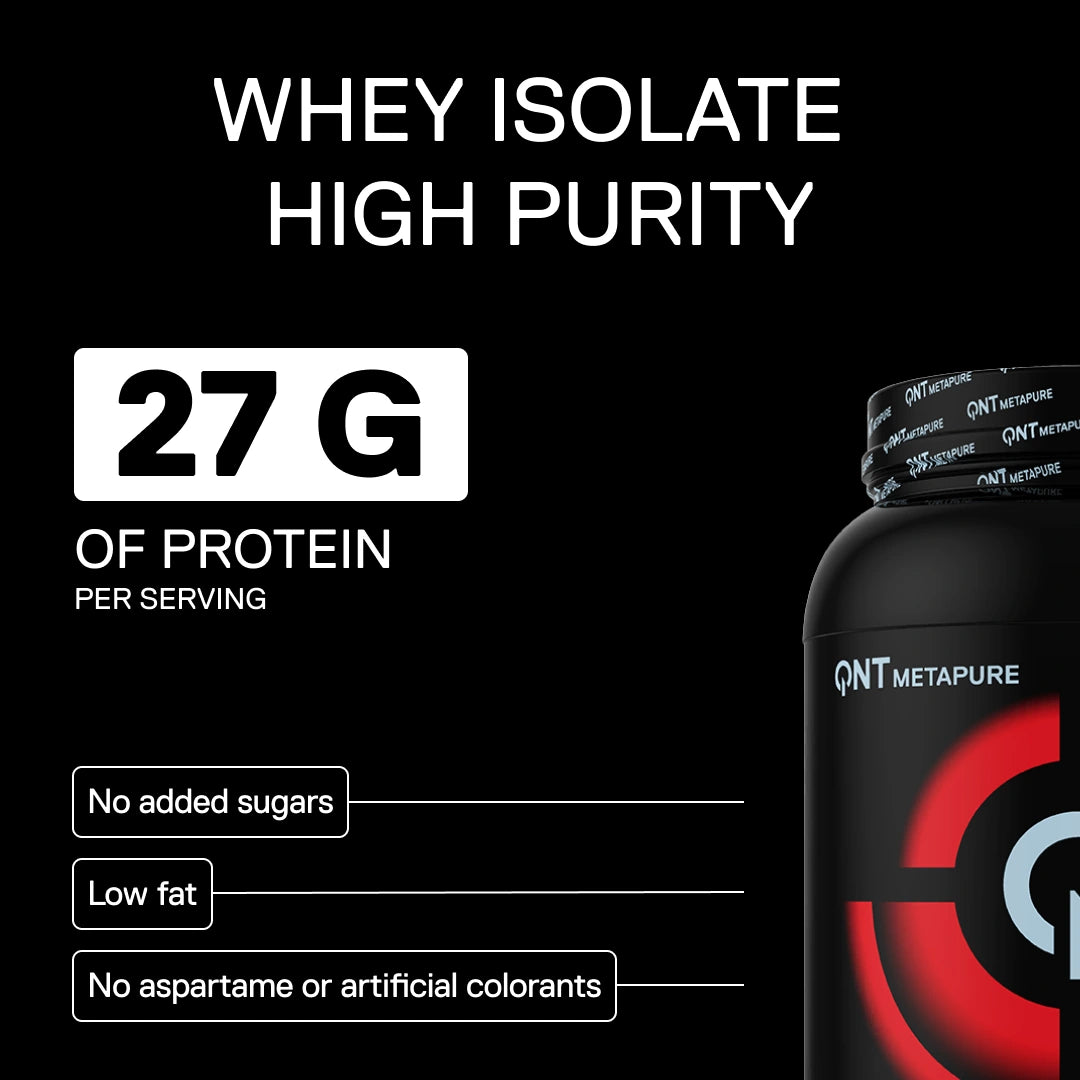 Metapure Whey Isolate Zero QNT raspberry high purity whey protein isolate 27g protein per serving

