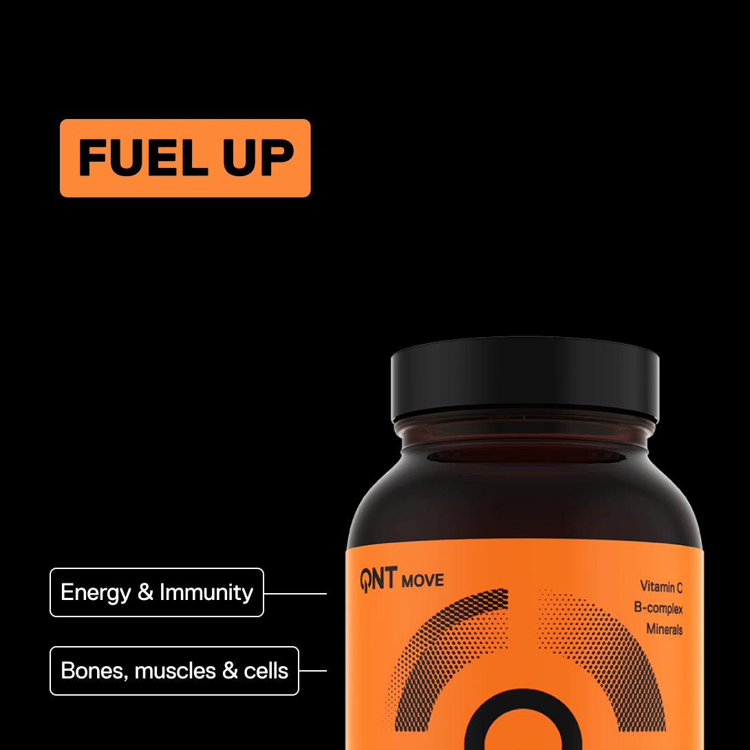 QNT MOVE Daily Vitamins, multivitamin and minerals capsules, key-benefit visual: energy and immunity, bones, muscles and cells