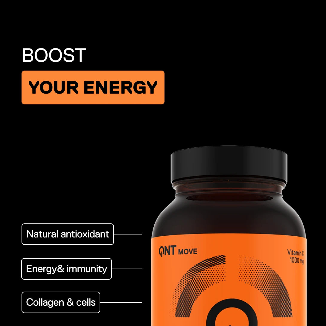 QNT MOVE VIT C 1000 mg vitamin C capsules, key-benefit visual: natural antioxidant, energy and immunity, collagen and cells