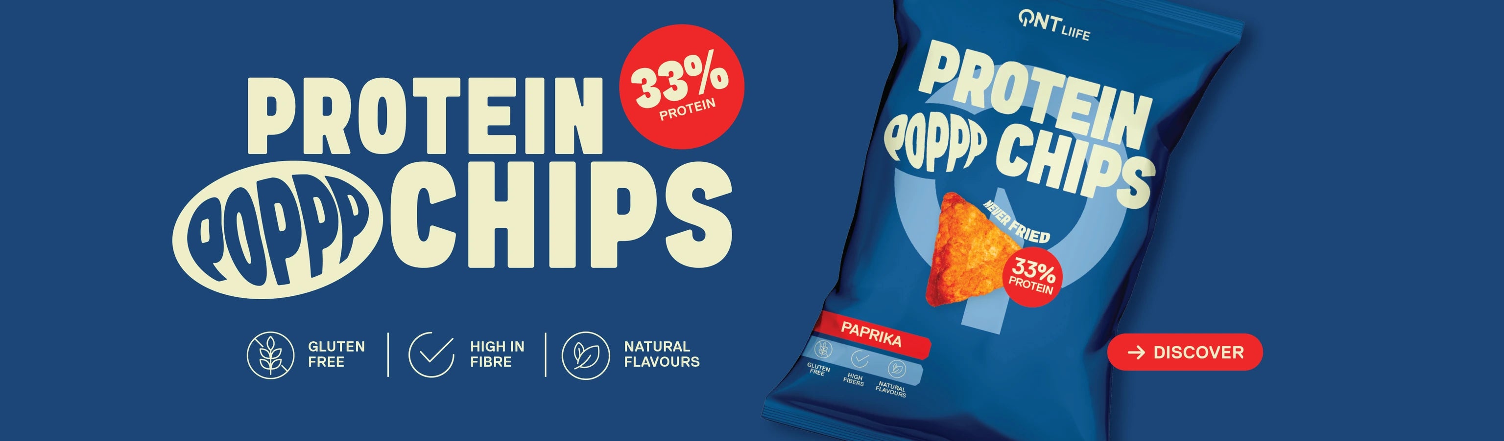 Protein QOPPP Chips with 33% protein, gluten-free, high in fibre and natural flavours. Discover QNT Life Protein QOPPP Chips in paprika flavour.