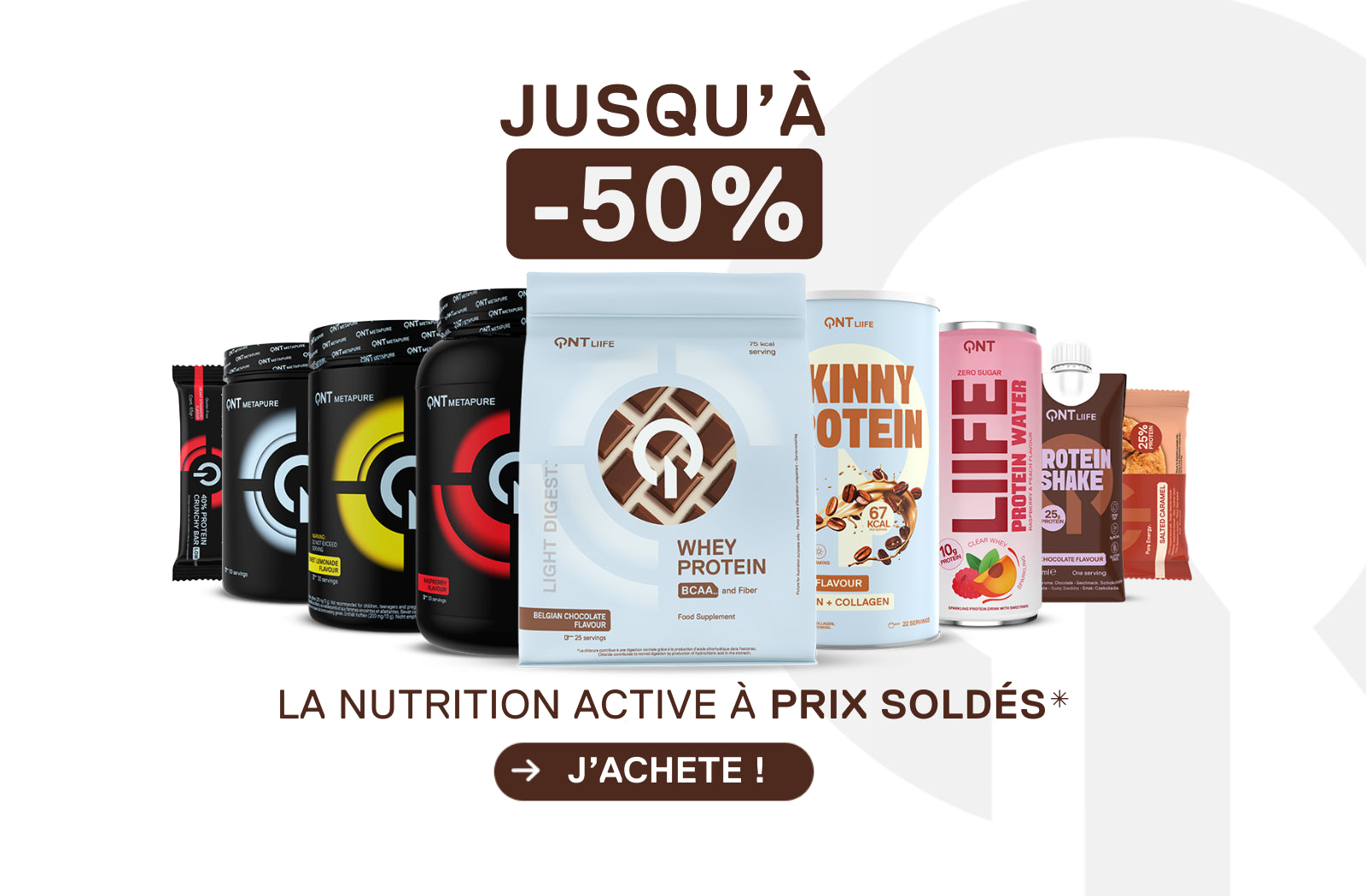 Sélection de produits QNT en promotion avec jusqu’à -50 % sur la nutrition sportive, incluant whey protéine, protéines en poudre et boissons protéinées.