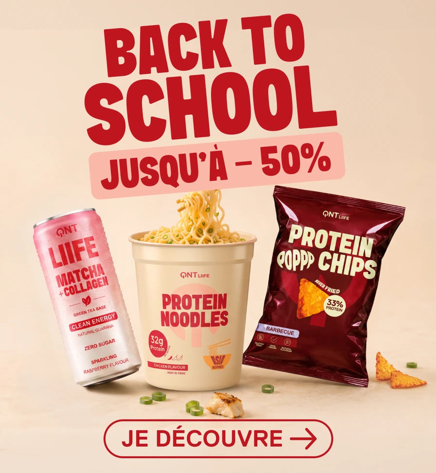 Promotion QNT Life Back to School avec une boisson Matcha + Collagène, des Protein Noodles et des Protein Popp Chips, jusqu’à 50 % de réduction.