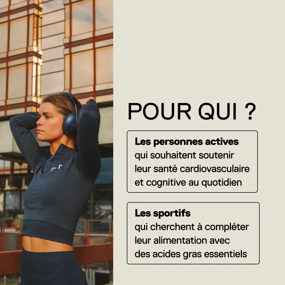 Sportive en tenue QNT en ville : Omega 3 pour personnes actives et sportifs, apport en acides gras essentiels.