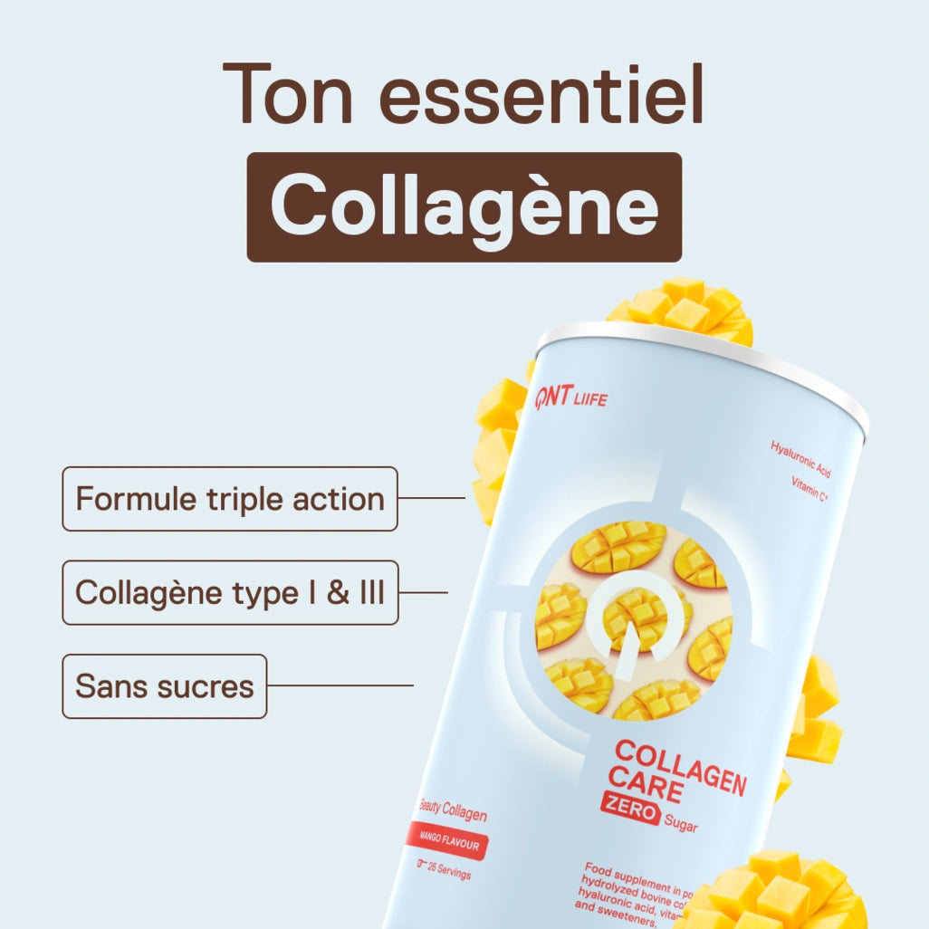 QNT LIIFE Collagen Care saveur Mangue - Collagène en poudre à diluer, vitamines et minéraux, saveur exotique mangue, sachet de 390 g