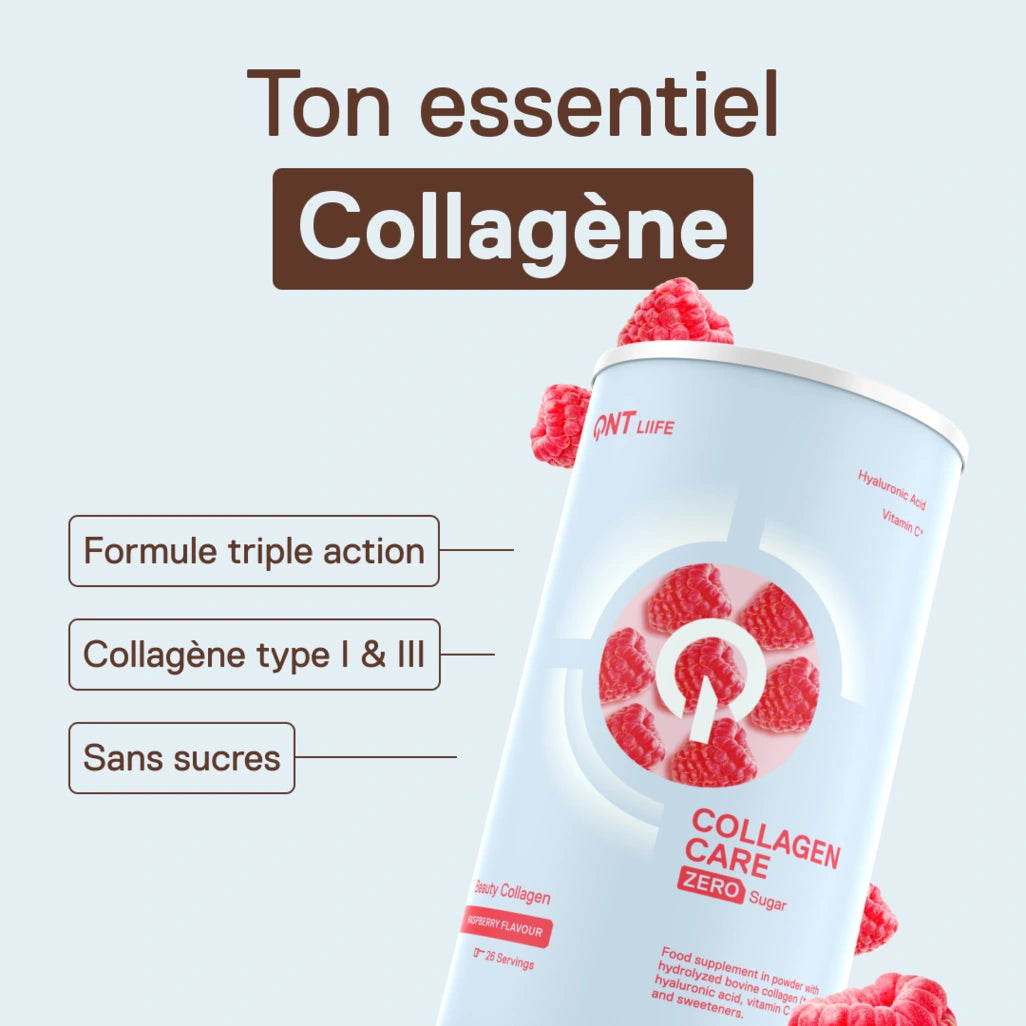 QNT LIIFE Collagen Care saveur Framboise - Collagène en poudre à diluer, vitamines et minéraux, saveur fruitée framboise, sachet de 390 g