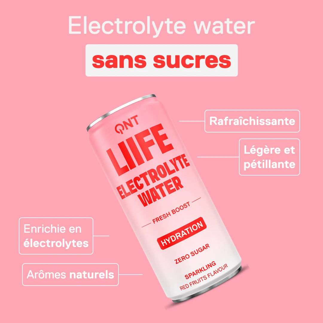 QNT LIIFE Electrolyte Water saveur Fruits rouges - eau pétillante enrichie en électrolytes, sans sucres, arômes naturels, canette 330 ml