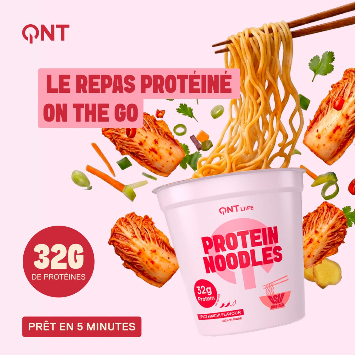 QNT LIIFE Πρωτεϊνούχα Νουντλς με Πικάντικη Γεύση Kimchi - 32 γρ. πρωτεΐνης ανά συσκευασία, ζυμωμένο και πικάντικο κορεάτικο γεύμα, έτοιμο σε 5 λεπτά