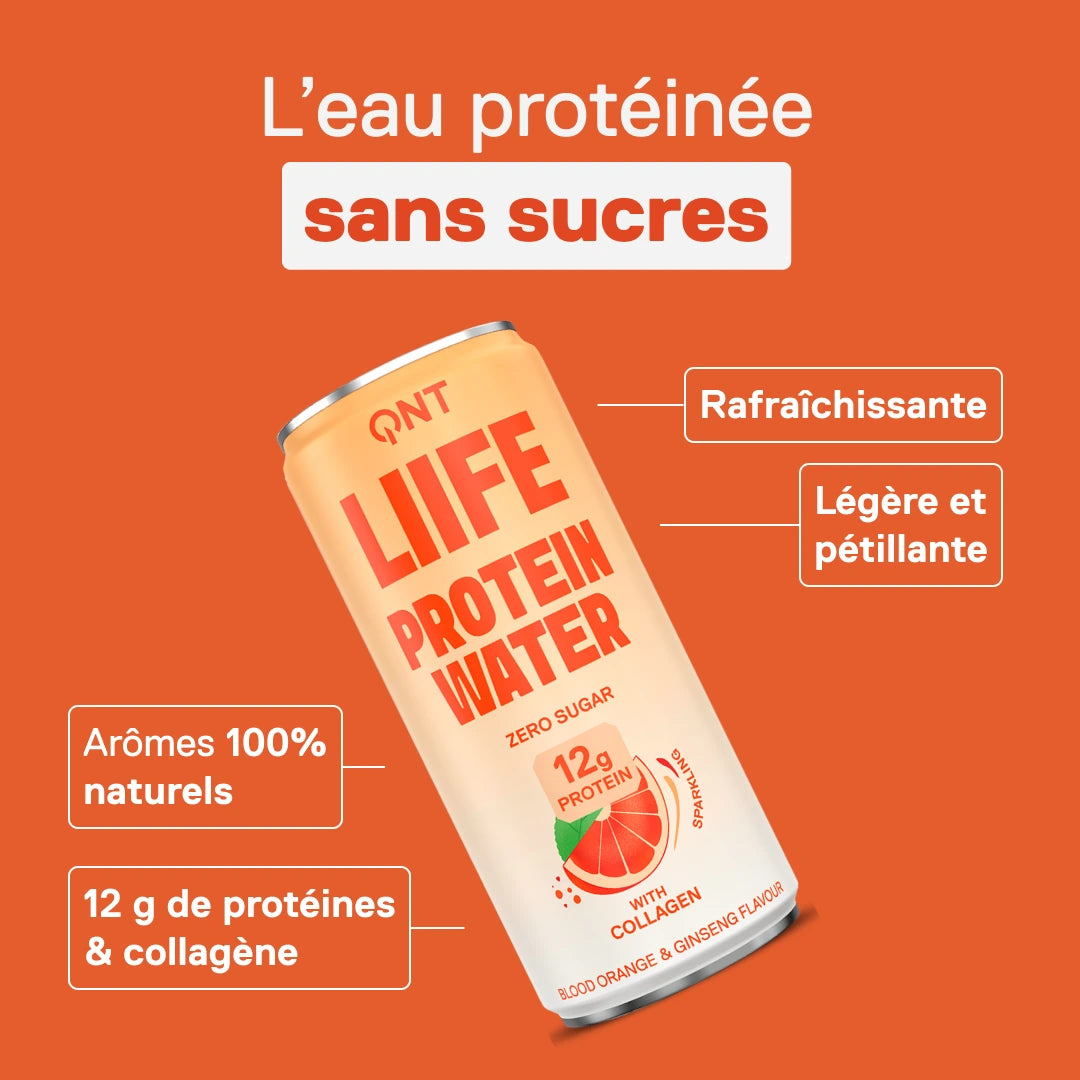 Eau protéinée pétillante sans sucres QNT LIIFE Protein Water saveur Orange sanguine & Ginseng, 12 g de protéines et collagène, canette 330 ml