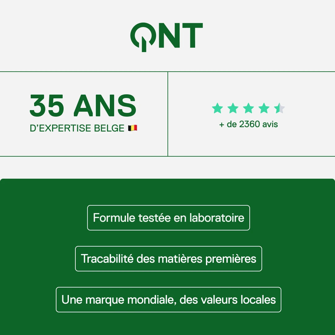 QNT LIIFE Protein Water saveur Citron & Gingembre, marque belge, 35 ans d'expertise, plus de 2360 avis, formule testée en laboratoire et traçabilité des matières premières