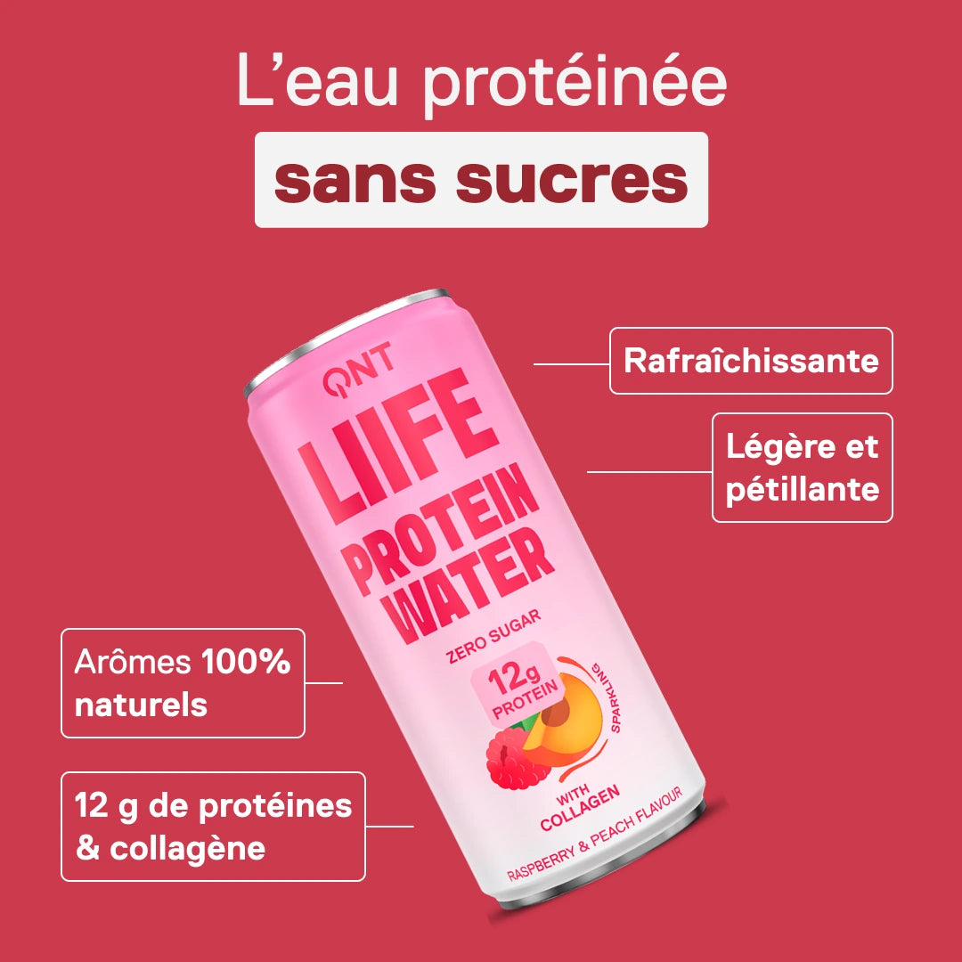 Eau protéinée pétillante sans sucres QNT LIIFE Protein Water saveur Framboise & Pêche, 12 g de protéines et collagène, canette 330 ml