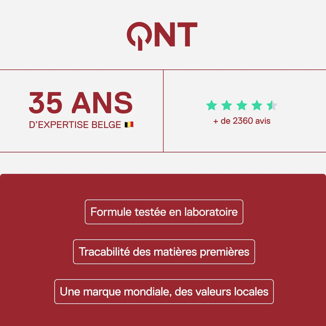 QNT LIIFE Protein Water saveur Framboise & Pêche, marque belge, 35 ans d'expertise, plus de 2360 avis, formule testée en laboratoire et traçabilité des matières premières