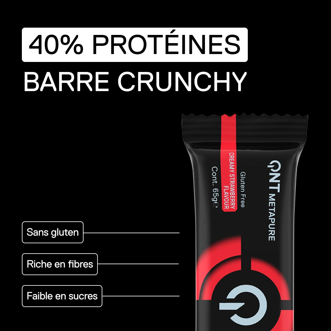 QNT Metapure Barre Crunchy 40% Protéines Fraise – sans gluten, riche en fibres et faible en sucres