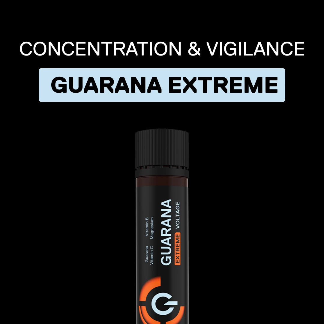 Shot énergétique au guarana QNT Guarana Extreme Voltage saveur Orange, concentration et vigilance, vitamines B et C, magnésium, ampoule 25 ml