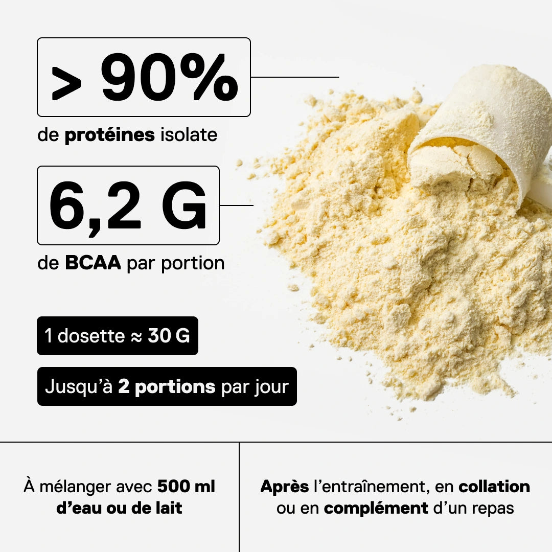 Poudre whey isolate banane QNT plus de 90% protéines 6,2g BCAA par portion
