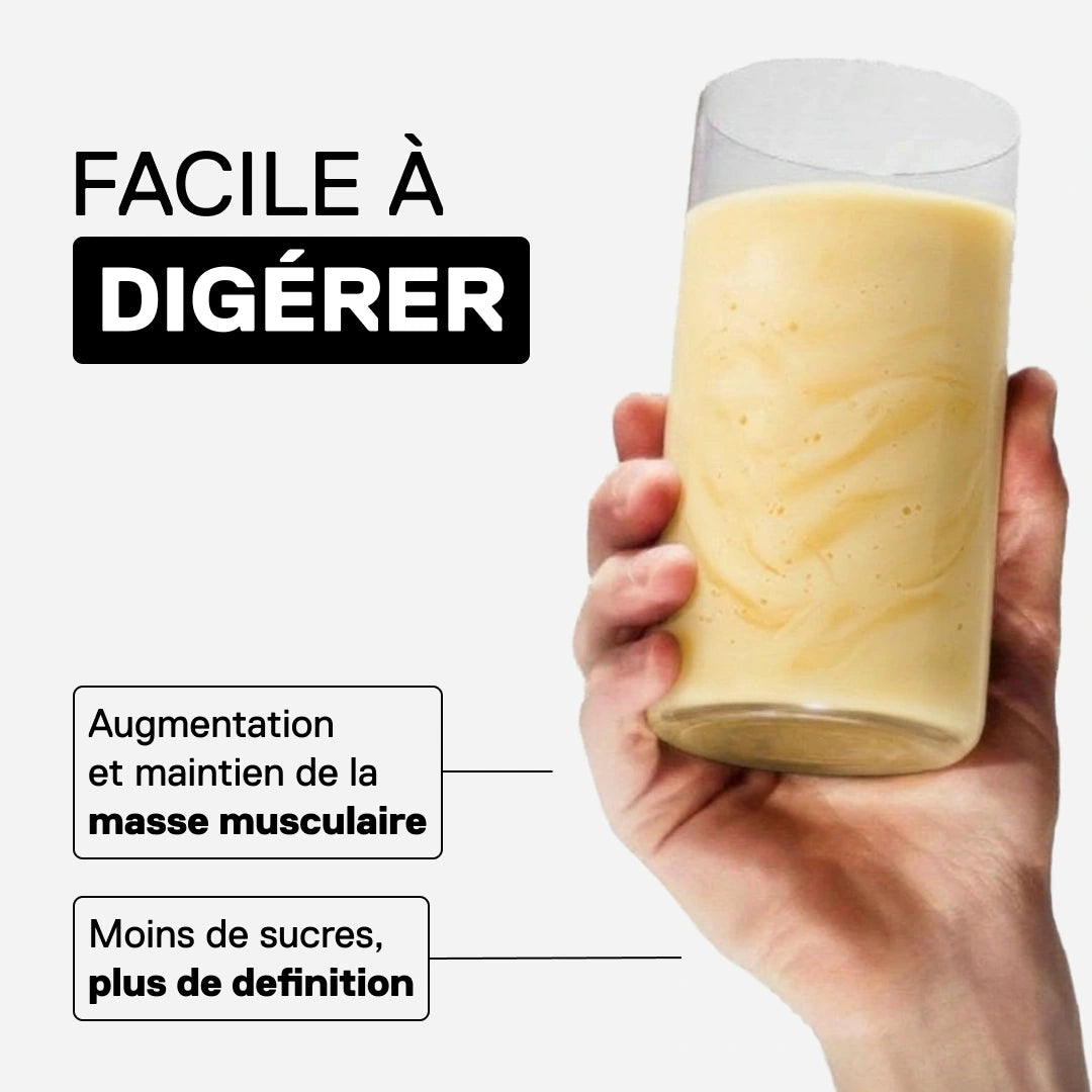 Shake whey isolate banane QNT digestion facile maintien masse musculaire faible sucre
