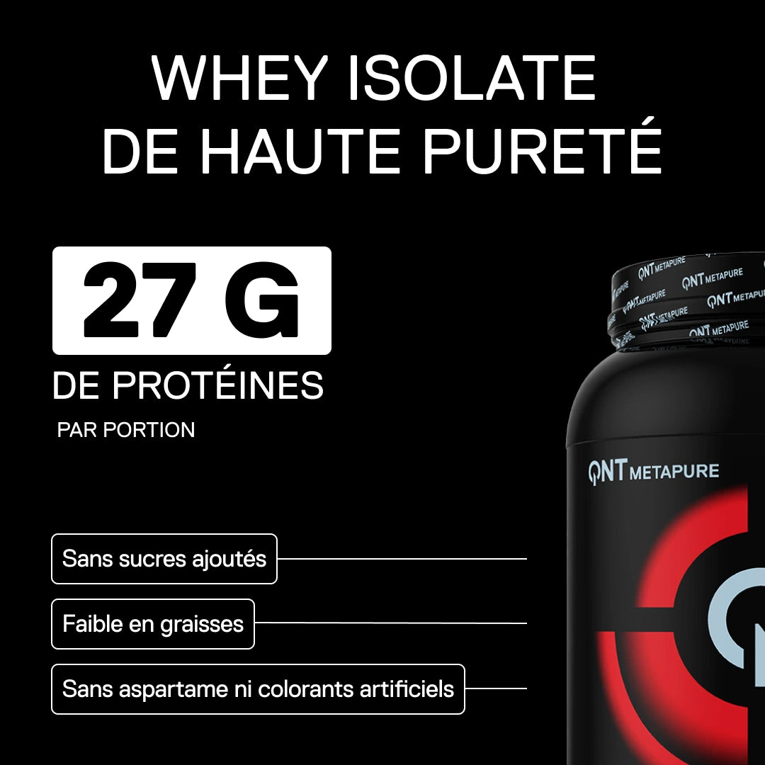 Metapure Whey Isolate Zero QNT framboise protéine isolate haute pureté 27g protéines par portion
