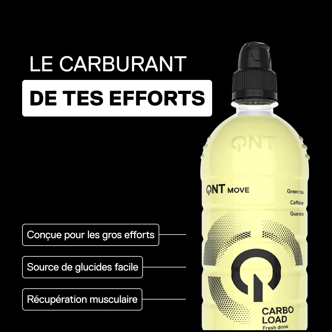 Boisson glucidique QNT MOVE Carbo Load saveur Citron, carburant des efforts, source de glucides, thé vert, caféine et guarana, 700 ml