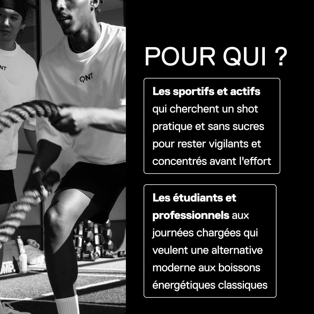 Shot guarana QNT MOVE Guarana Kick Bitter Coffee, pour qui : sportifs, actifs, étudiants et professionnels cherchant un shot pratique sans sucres avant l'effort