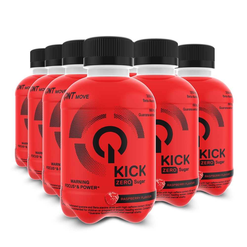 Kick Pre Workout QNT Framboise 12 x 250 ml, boisson énergétique pré-entraînement en canettes