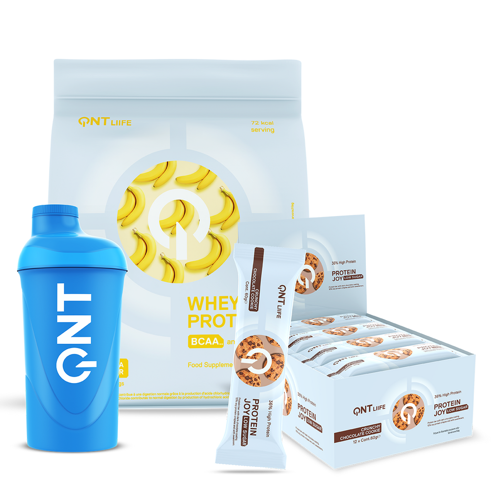 Pack Bien-Être QNT : Light Digest Whey banane 500 g, Protein Joy Crunchy Chocolat 60 g et shaker bleu 600 ml