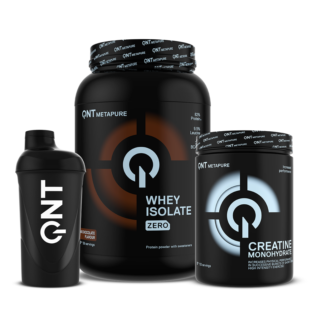 Starter Pack QNT : Metapure Whey Isolate Zero chocolat belge 908 g, Creatine Monohydrate 800 g et shaker noir 600 ml