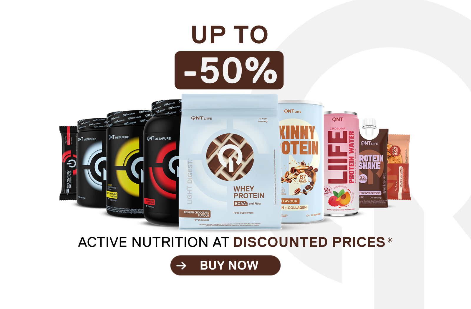Selectie van QNT sportvoedingsproducten met tot 50% korting, waaronder whey proteïne, eiwitpoeder en proteïnedranken.
