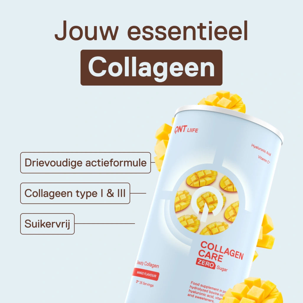 QNT LIIFE Collagen Care smaak Mango - Collageen poeder om te mengen, met vitaminen en mineralen, exotische mangosmaak, zakje van 390 g