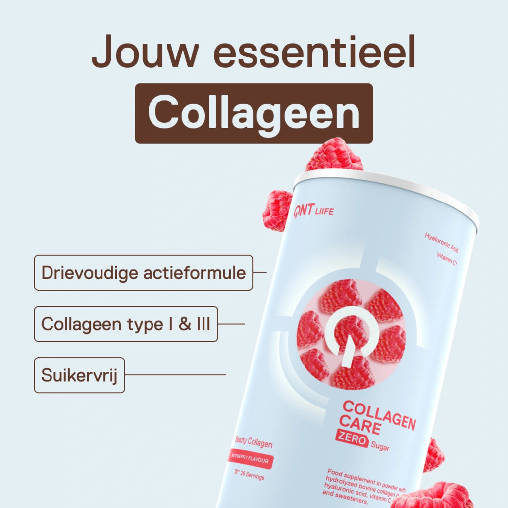 QNT LIIFE Collagen Care smaak Framboos - Collageen poeder om te mengen, met vitaminen en mineralen, fruitige frambozensmaak, zakje van 390 g