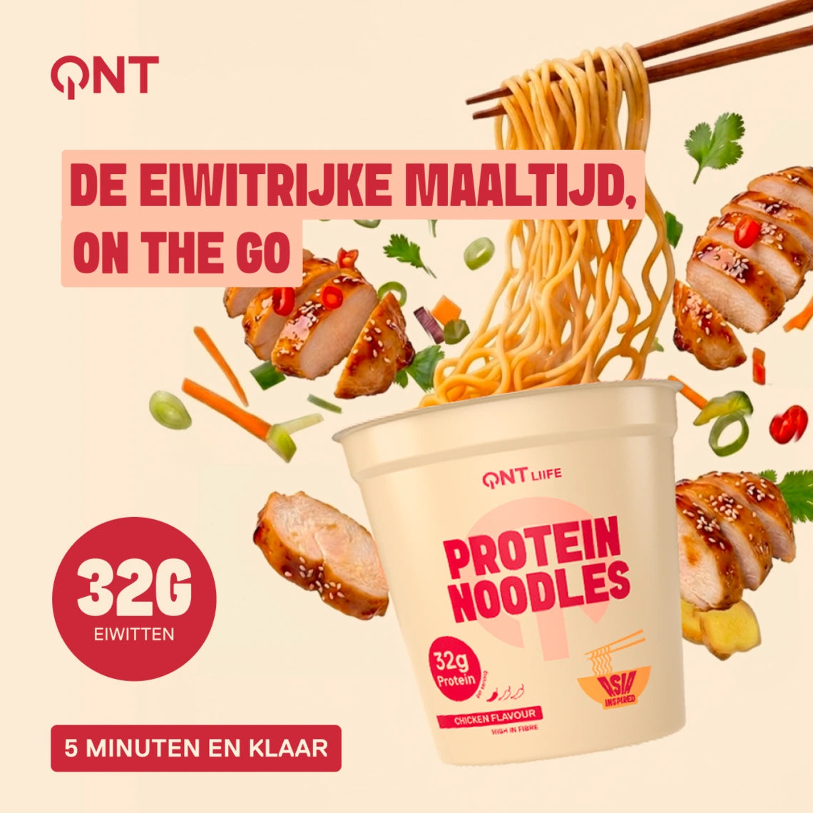 QNT LIIFE Protein Noodles smaak Kip - 32g eiwit per pot, Aziatisch eiwitrijk gerecht klaar in 5 minuten