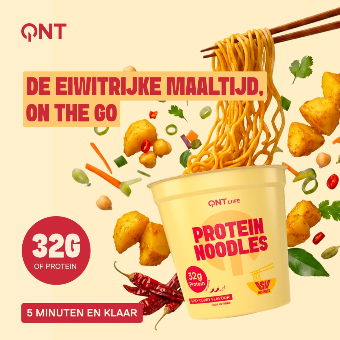 QNT LIIFE Protein Noodles smaak Pittige curry - 32g eiwit per pot, Aziatisch eiwitrijk gerecht met kruiden, klaar in 5 minuten
