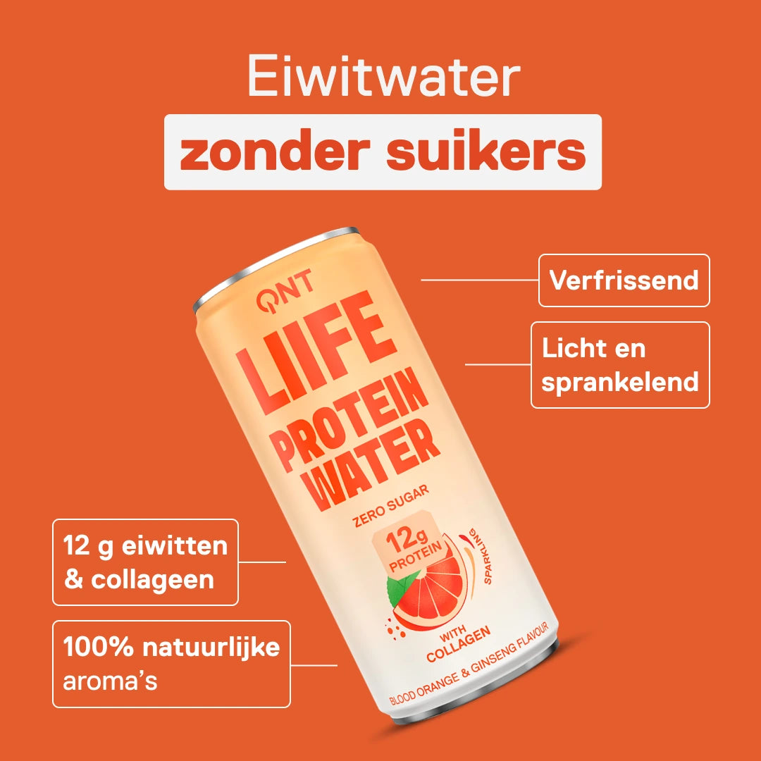Bruisend eiwitwater zonder suikers QNT LIIFE Protein Water Bloedsinaasappel & Ginseng, 12 g eiwit en collageen per blikje 330 ml