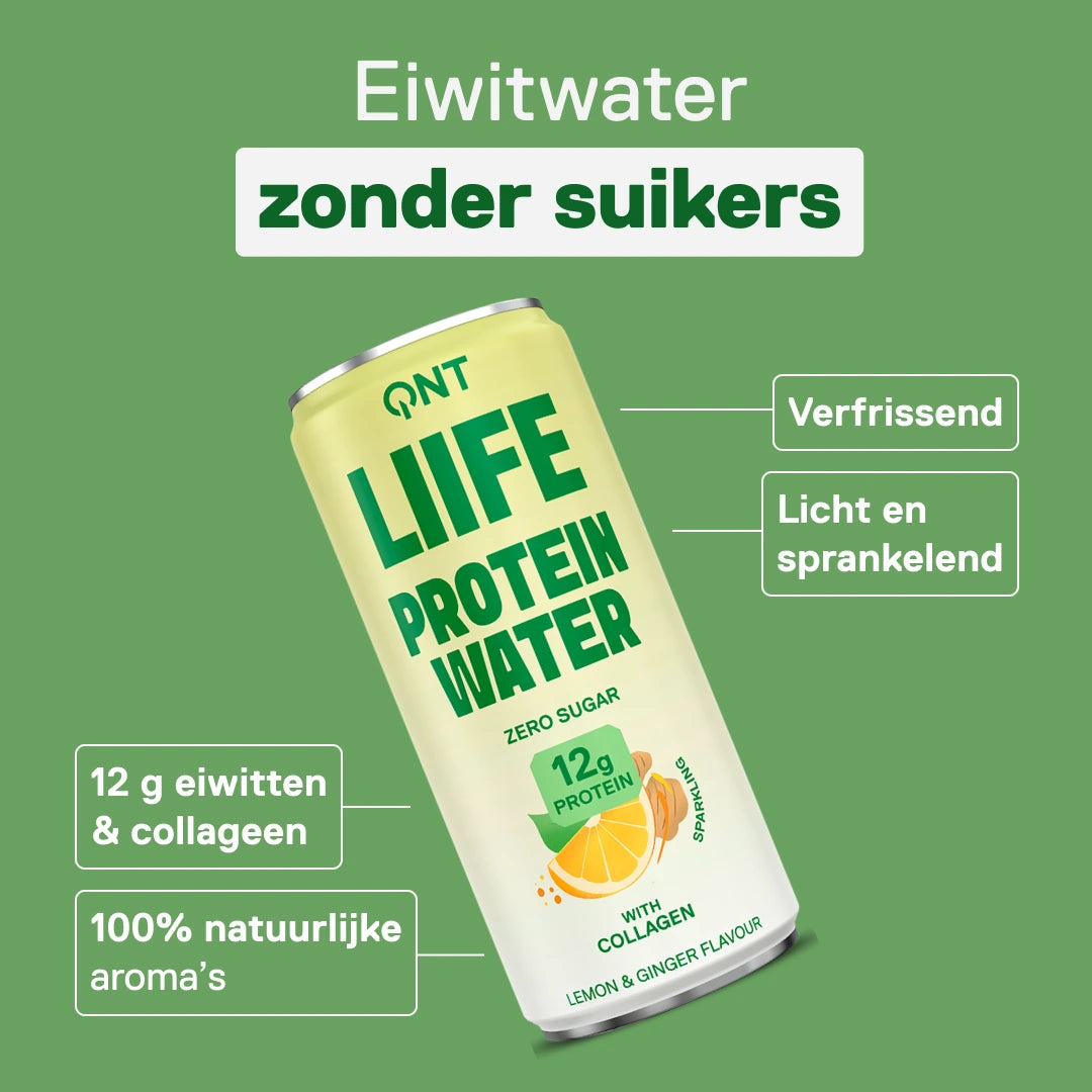 Bruisend eiwitwater zonder suikers QNT LIIFE Protein Water Citroen & Gember, 12 g eiwit en collageen per blikje 330 ml