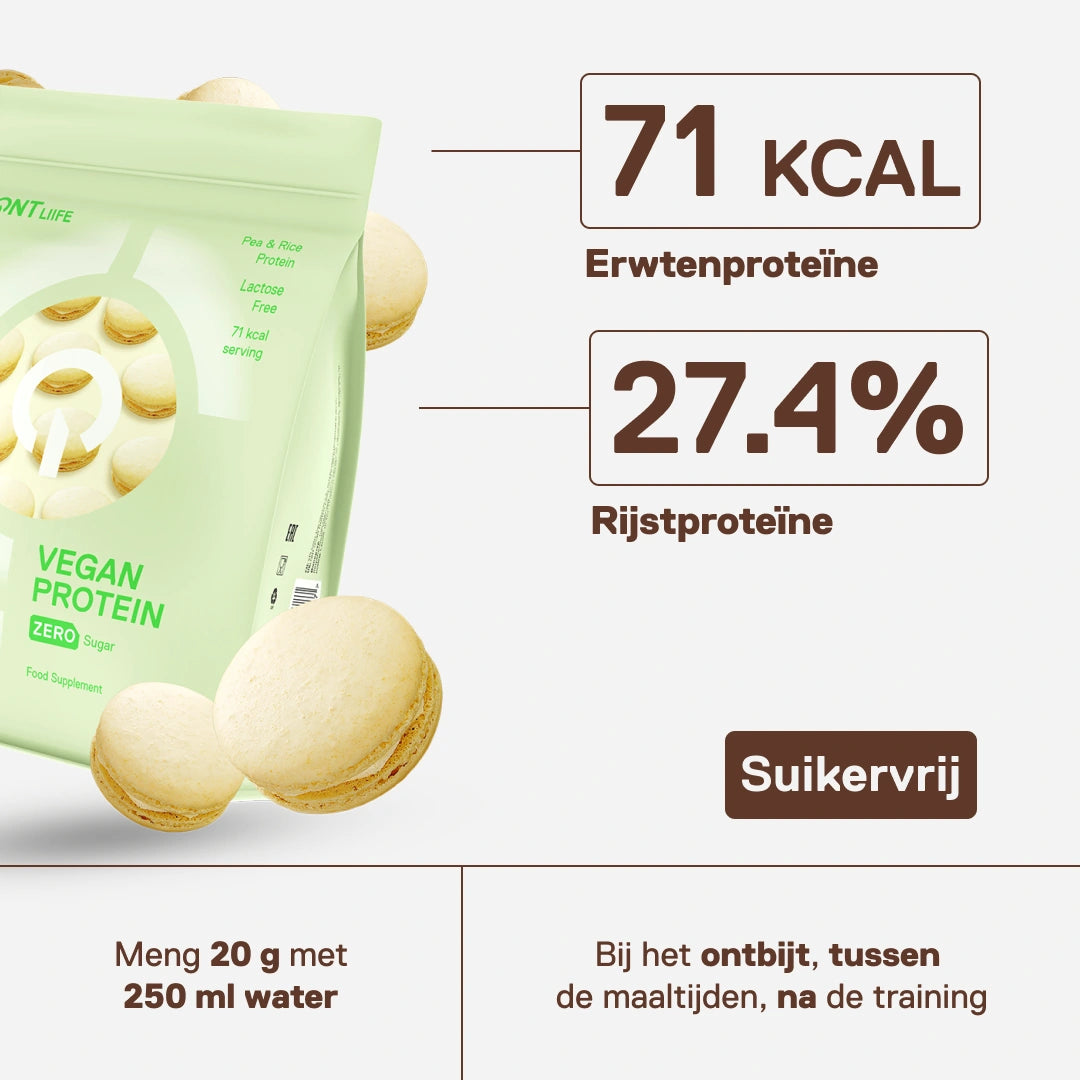 Vegan Protein vanille macaron — compleet aminozuurprofiel ter ondersteuning van een actieve levensstijl