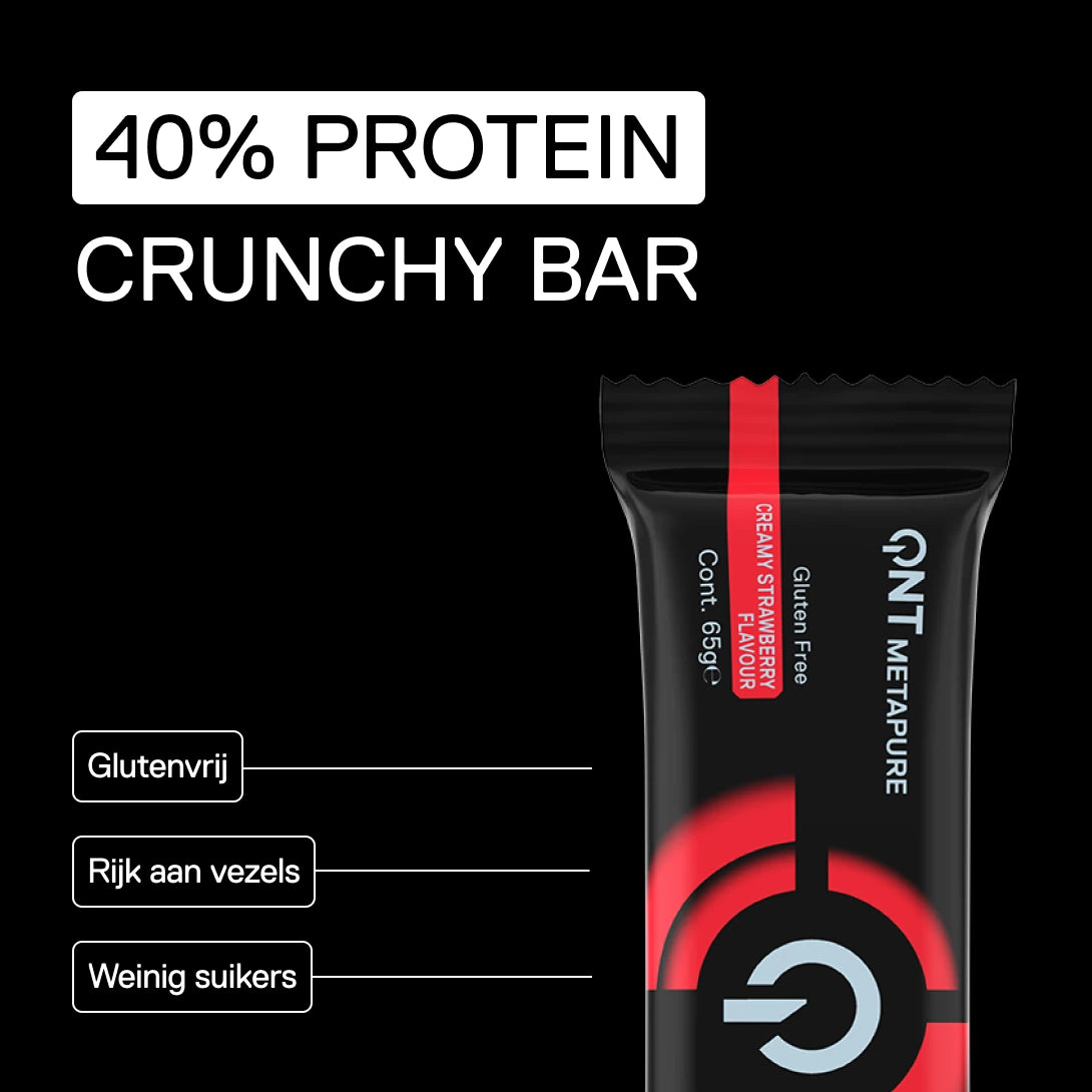 QNT Metapure 40% Protein Crunchy Bar Strawberry – glutenvrij, rijk aan vezels en weinig suikers