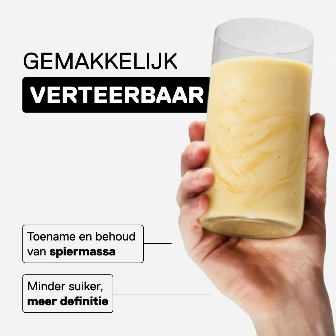 Banaan whey isolate shake QNT makkelijk verteerbaar spiermassa ondersteuning weinig suiker
